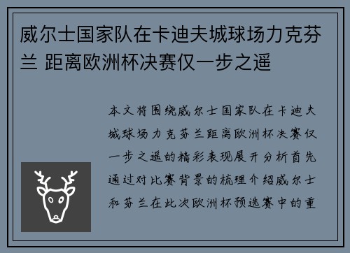 威尔士国家队在卡迪夫城球场力克芬兰 距离欧洲杯决赛仅一步之遥 威尔士国家队在卡迪夫城球场力克芬兰 距离欧洲杯决赛仅一步之遥